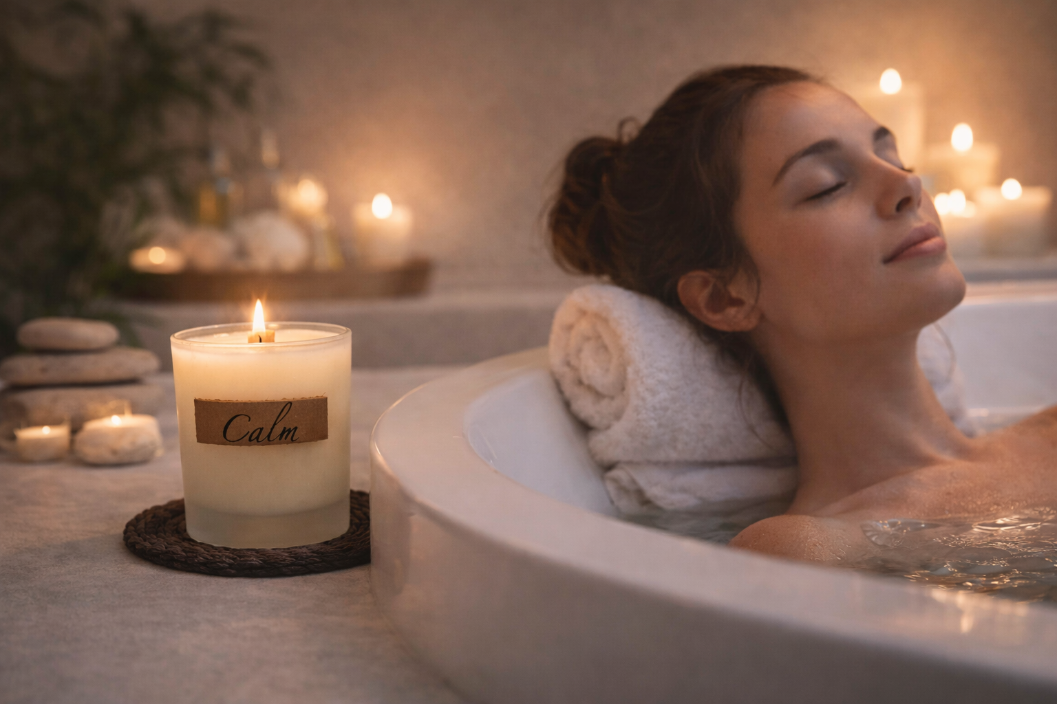 Woman relaxing in a bathtub with candles and a 'Calm' candle.
