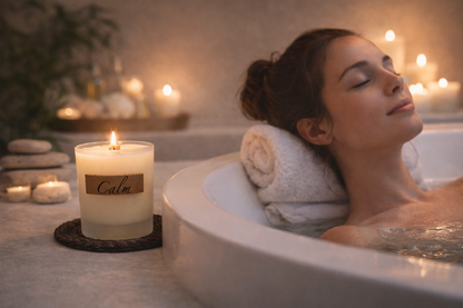Woman relaxing in a bathtub with candles and a 'Calm' candle.