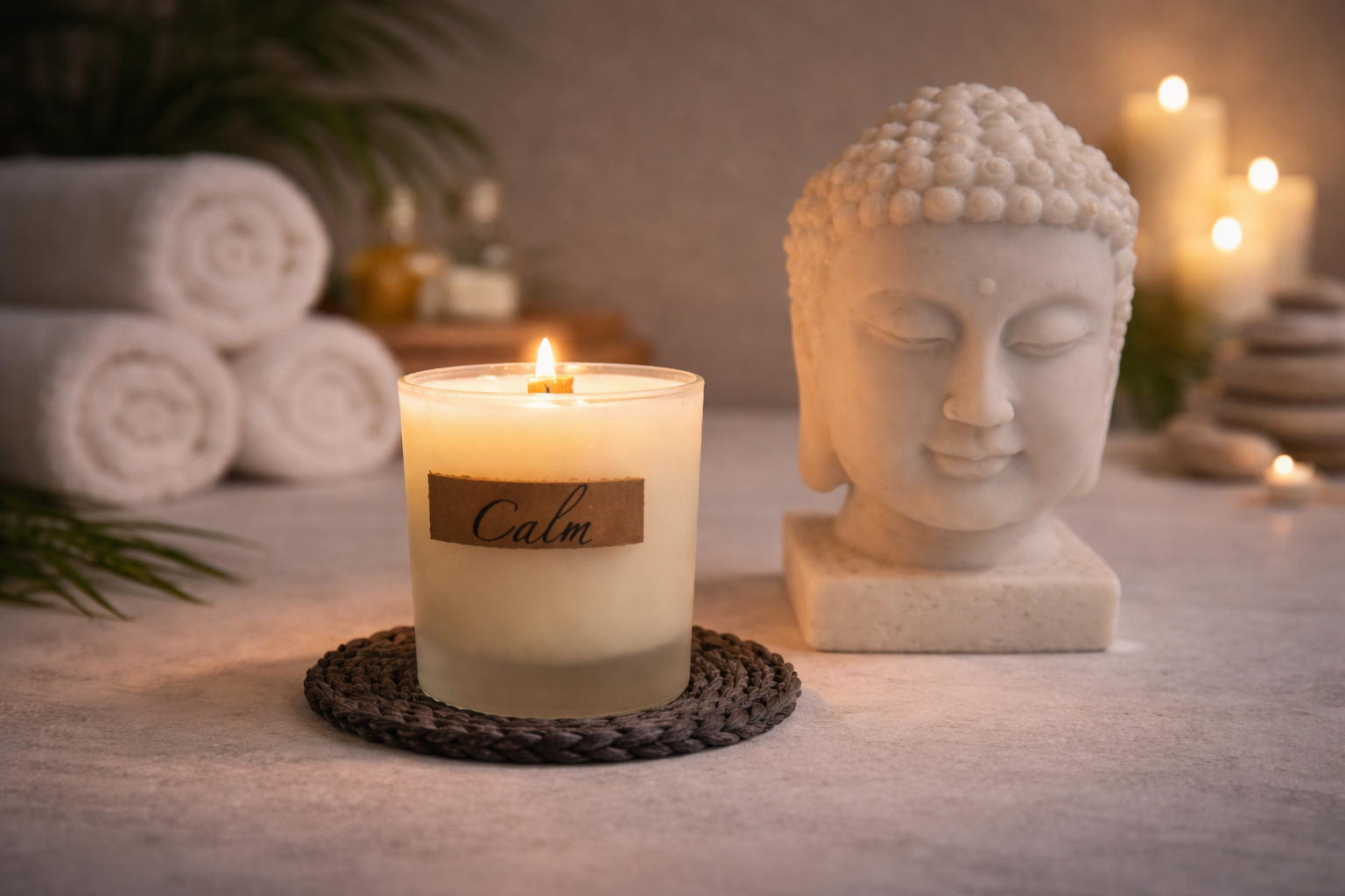 Candle labeled 'Calm' with a Buddha statue on a serene setting