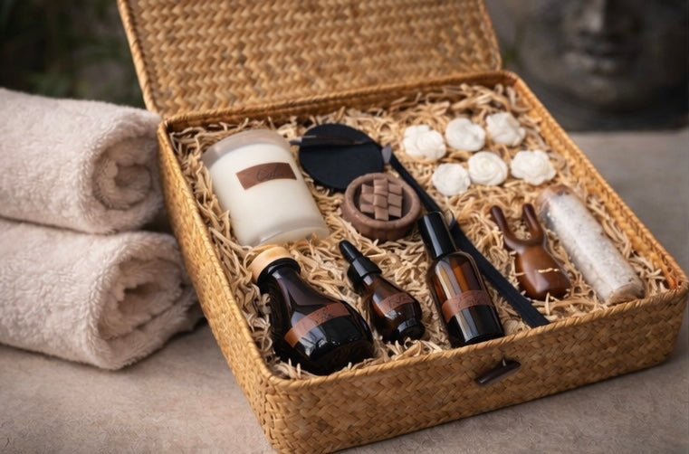 Set of spa or wellness items including bottles, a candle, and towels in a woven box.