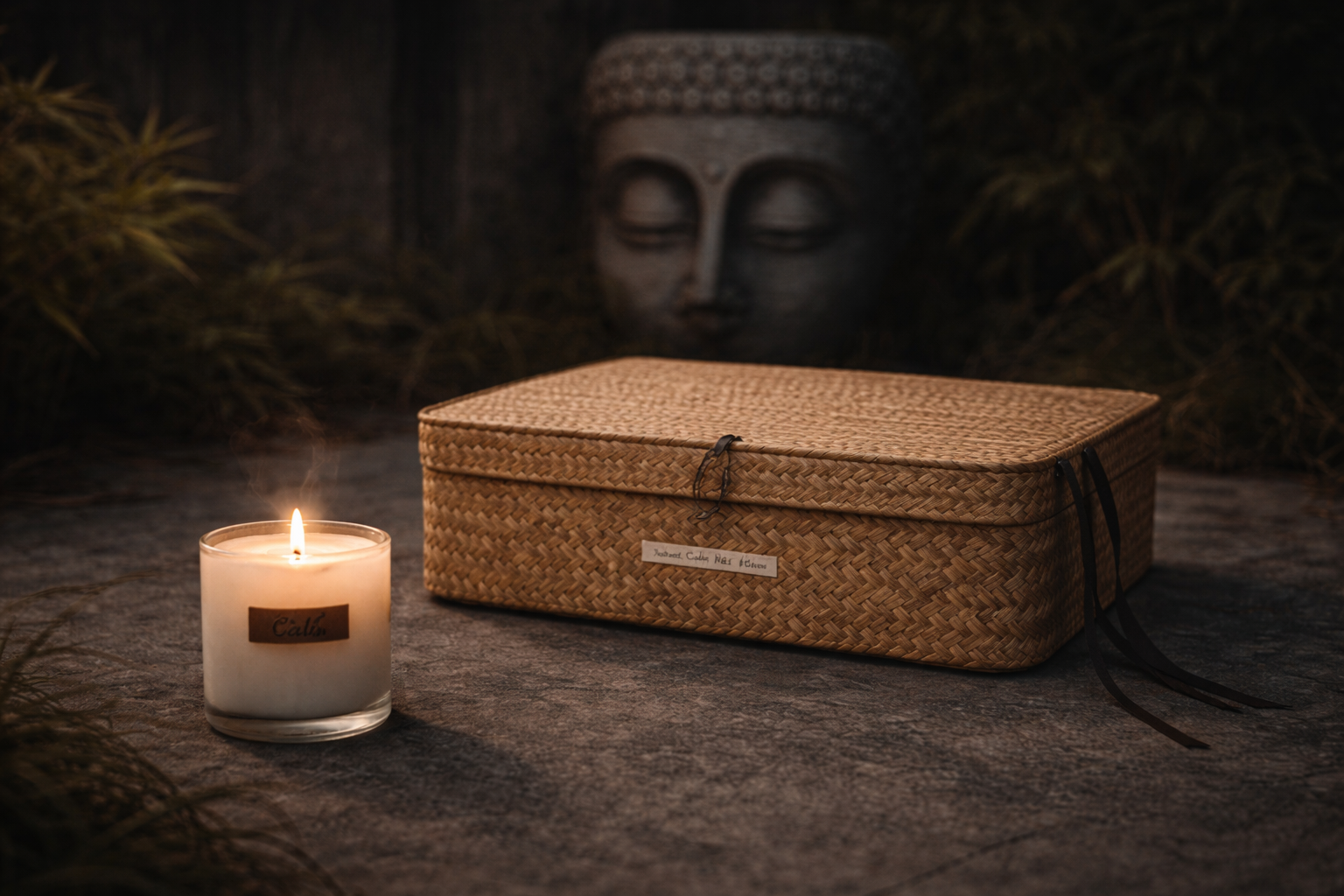 Woven box and lit candle on a dark surface with a blurred Buddha statue in the background
