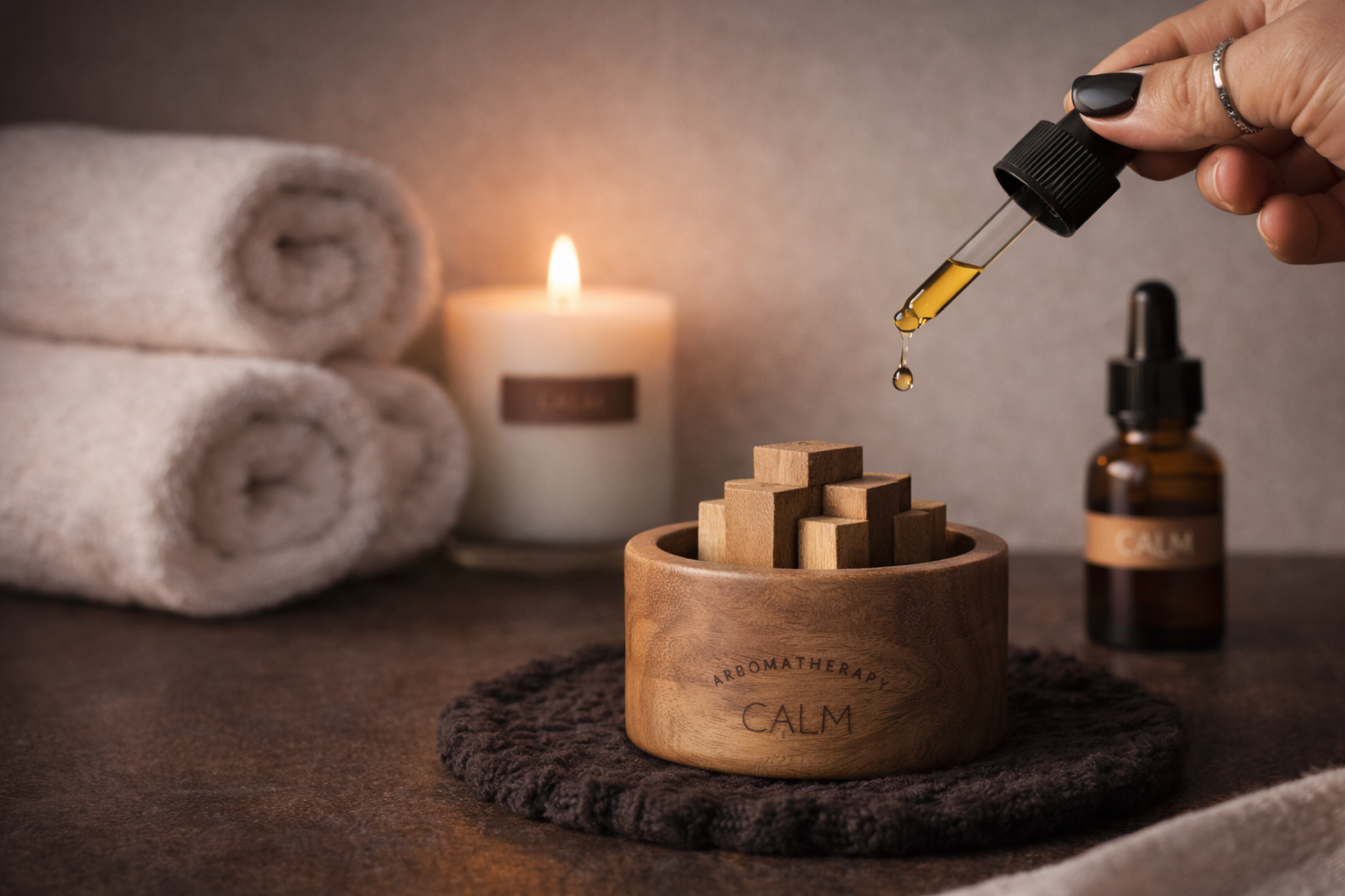 Aromatherapy setup with wooden bowl labeled 'Calm', dropper, and candles on a textured surface.