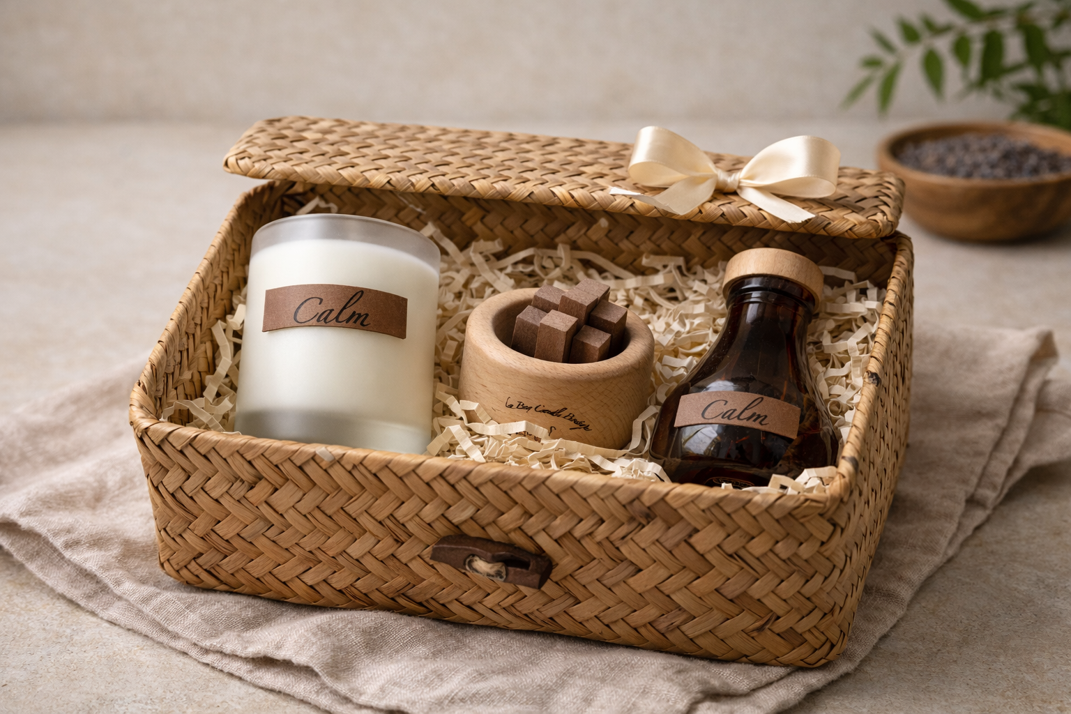 Gift basket with a candle, chocolates, and a bottle labeled 'Calm' on a neutral background.