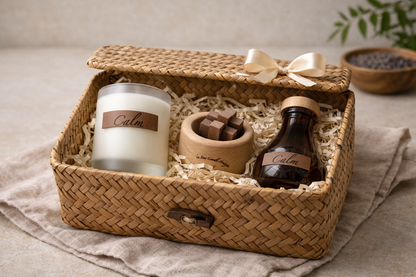 Gift basket with a candle, chocolates, and a bottle labeled 'Calm' on a neutral background.